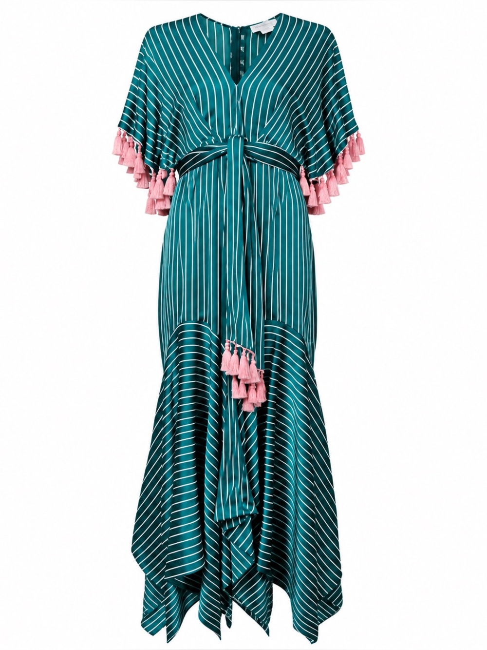 Sachin + Babi Teal Striped Pleated High-Low Dress with Pink Tassel Detail